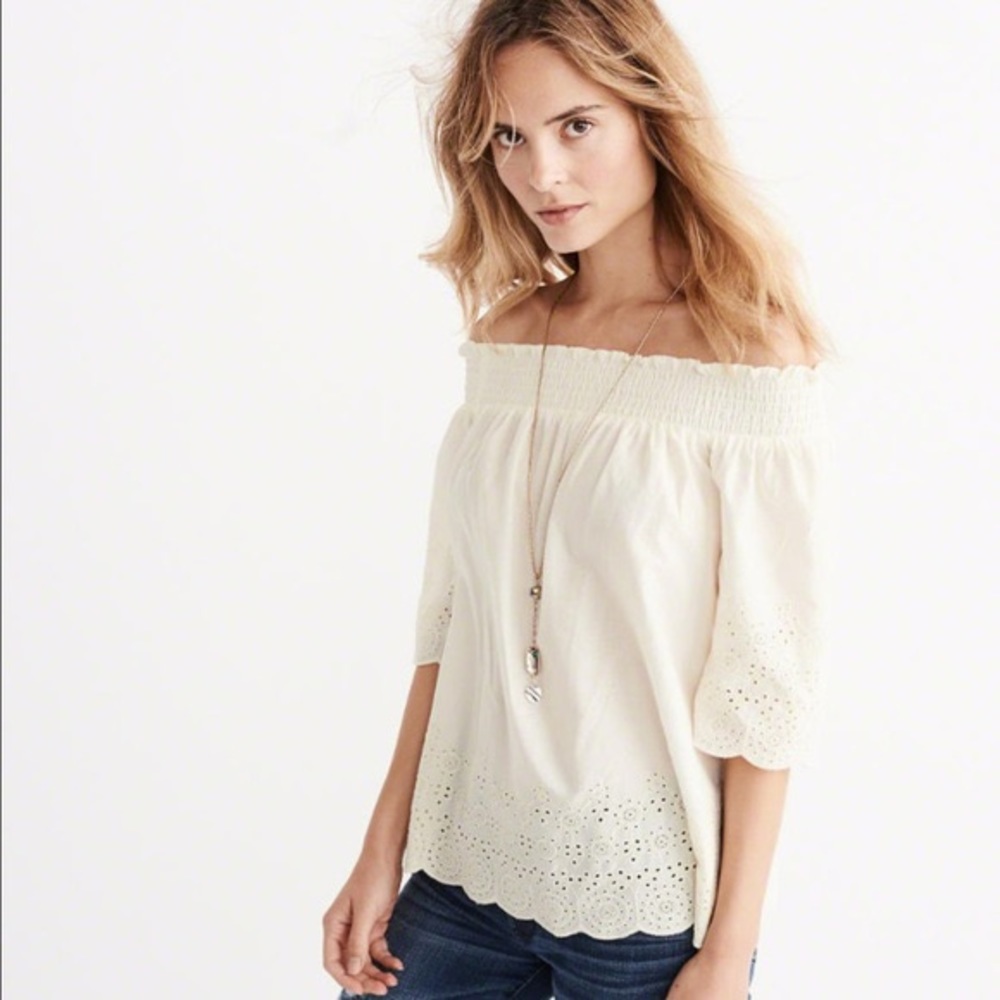 Embroidered Hem Off the Shoulder Top